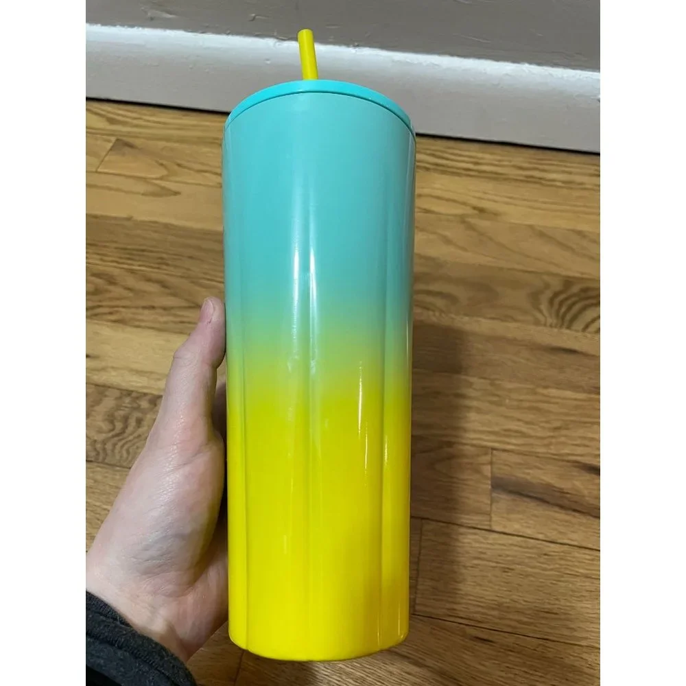 Starbucks 2021 Summer Flounder Teal Yellow Ombre Scalloped Tumbler 24oz Cold Cup
